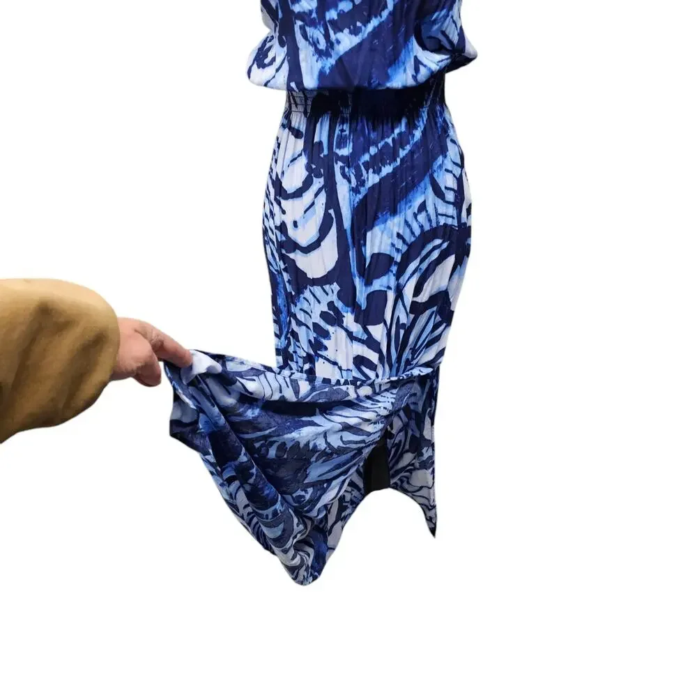 Vtg Womens Strapless Maxi Dress Sz M Blue Shirred Waist Floral Tie Dye Beach USA - Picture 4 of 10